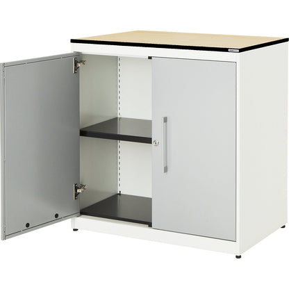 Double door cupboard, HxW 818 x 800 mm, HPL solid core panel, 1 shelf, pure white / white aluminium / maple.