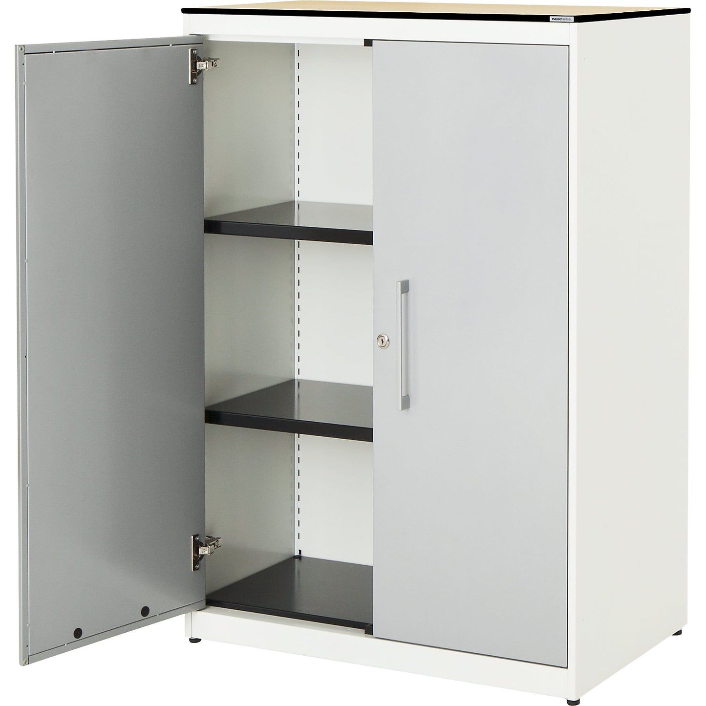 Double door cupboard, HxW 1168 x 800 mm, HPL solid core panel, 2 shelves, pure white / white aluminium / maple.