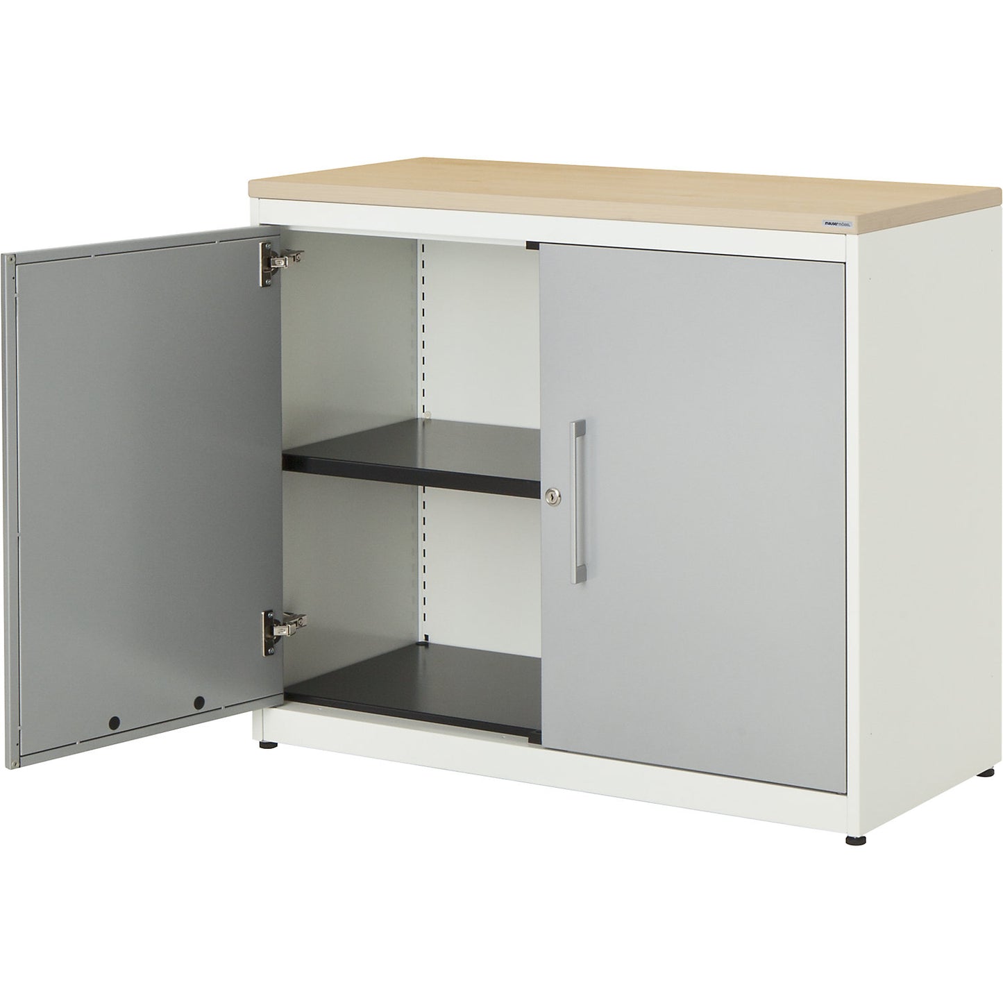 Double door cupboard, HxW 830 x 1000 mm, plastic panel, 1 shelf, pure white / white aluminium / maple.