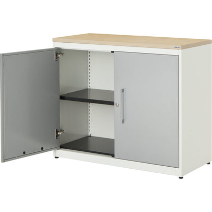 Double door cupboard, HxW 830 x 1000 mm, plastic panel, 1 shelf, pure white / white aluminium / maple.