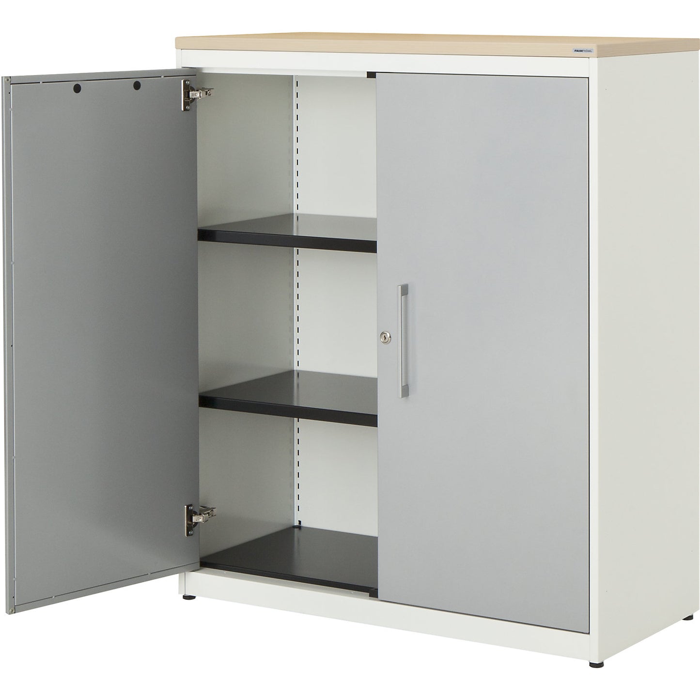 Double door cupboard, HxW 1180 x 1000 mm, plastic panel, 2 shelves, pure white / white aluminium / maple.