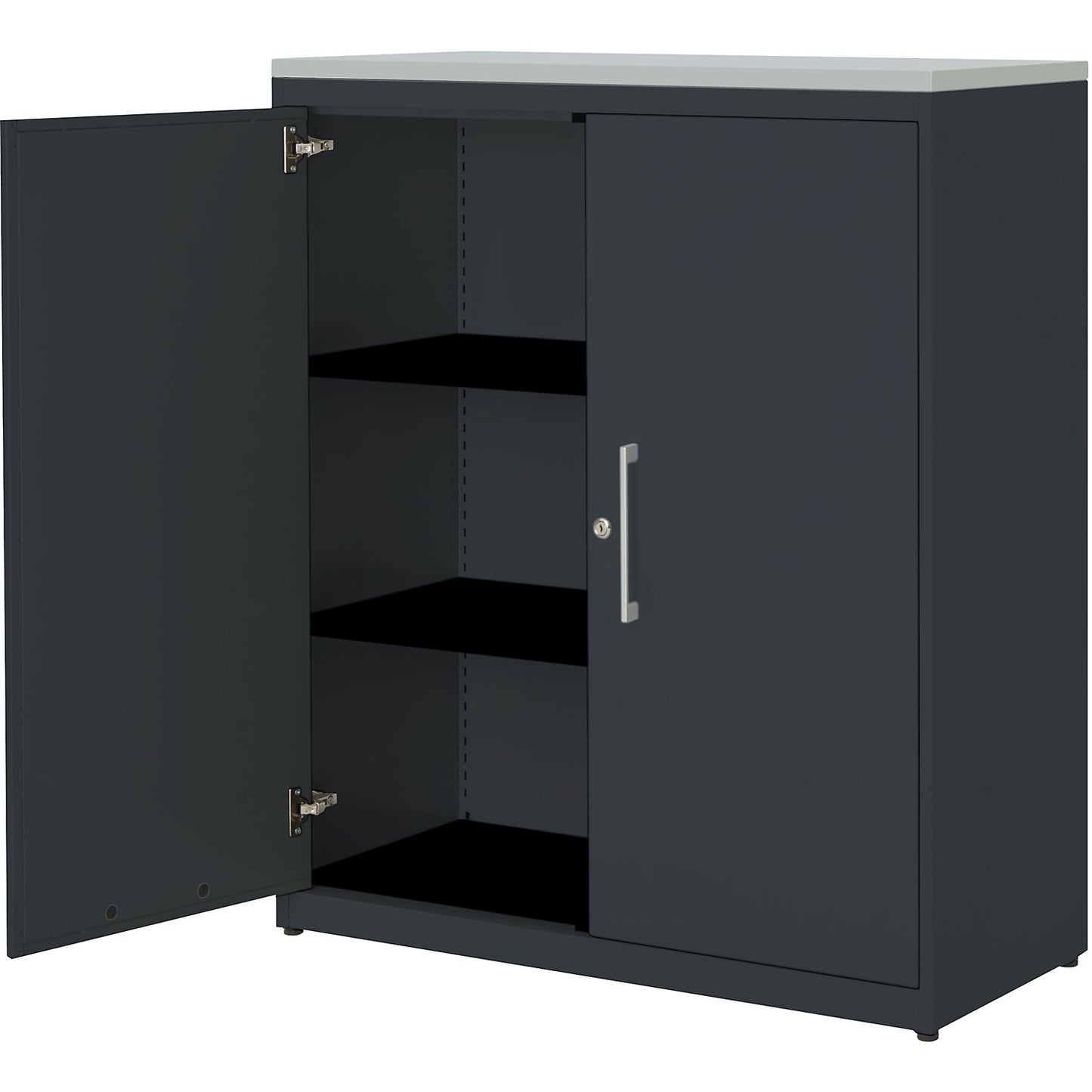 Double door cupboard, HxW 1180 x 1000 mm, plastic panel, 2 shelves, charcoal / charcoal / light grey.