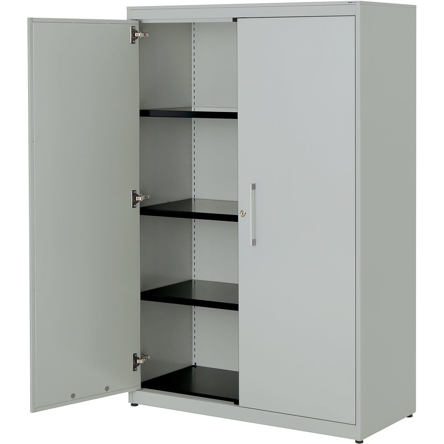 Double door cupboard, HxW 1516 x 1000 mm, steel cover plate, 3 shelves, light grey / light grey / light grey.