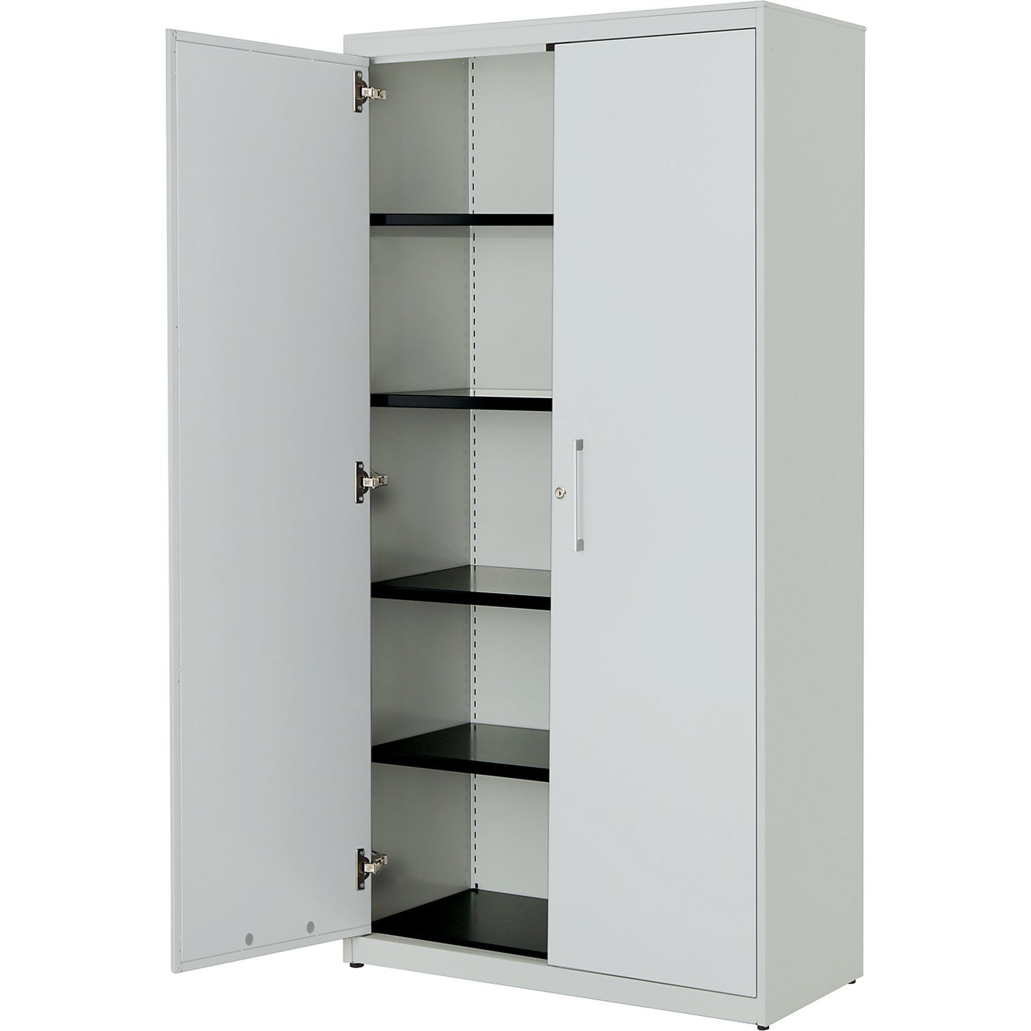 Double door cupboard, HxW 1956 x 1000 mm, steel cover plate, 4 shelves, light grey / light grey / light grey.