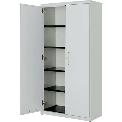 Double door cupboard, HxW 1956 x 1000 mm, steel cover plate, 4 shelves, light grey / light grey / light grey.