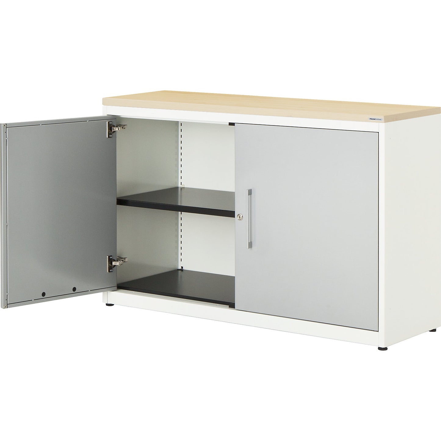 Double door cupboard, HxW 830 x 1200 mm, plastic panel, 1 shelf, pure white / white aluminium / maple.