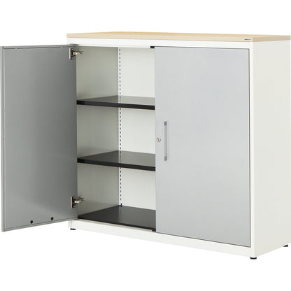 Double door cupboard, HxW 1180 x 1200 mm, plastic panel, 2 shelves, pure white / white aluminium / maple.