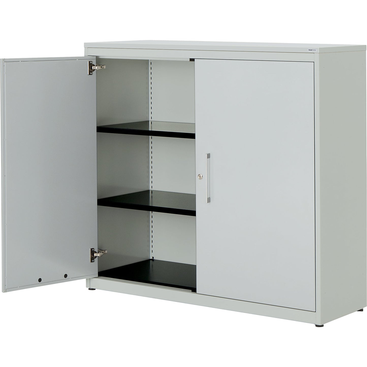 Double door cupboard, HxW 1180 x 1200 mm, plastic panel, 2 shelves, light grey / light grey / light grey.