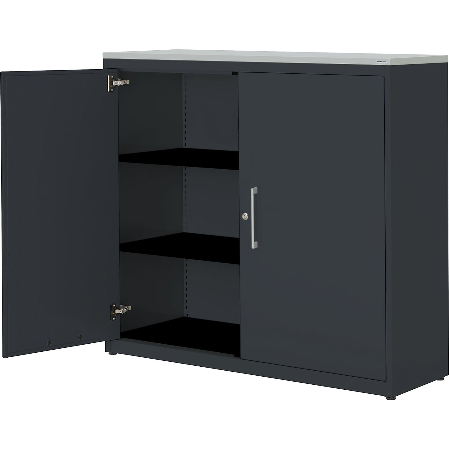 Double door cupboard, HxW 1180 x 1200 mm, plastic panel, 2 shelves, charcoal / charcoal / light grey.