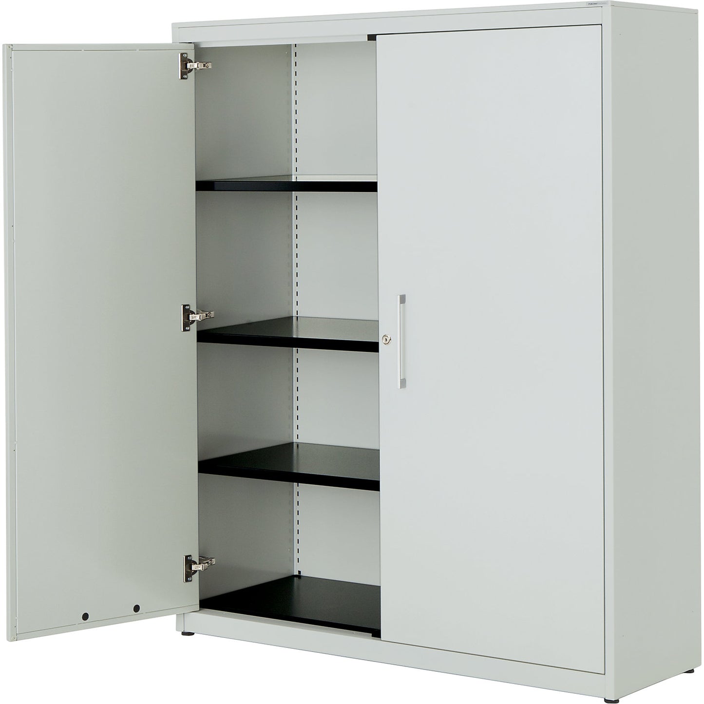 Double door cupboard, HxW 1516 x 1200 mm, steel cover plate, 3 shelves, light grey / light grey / light grey.