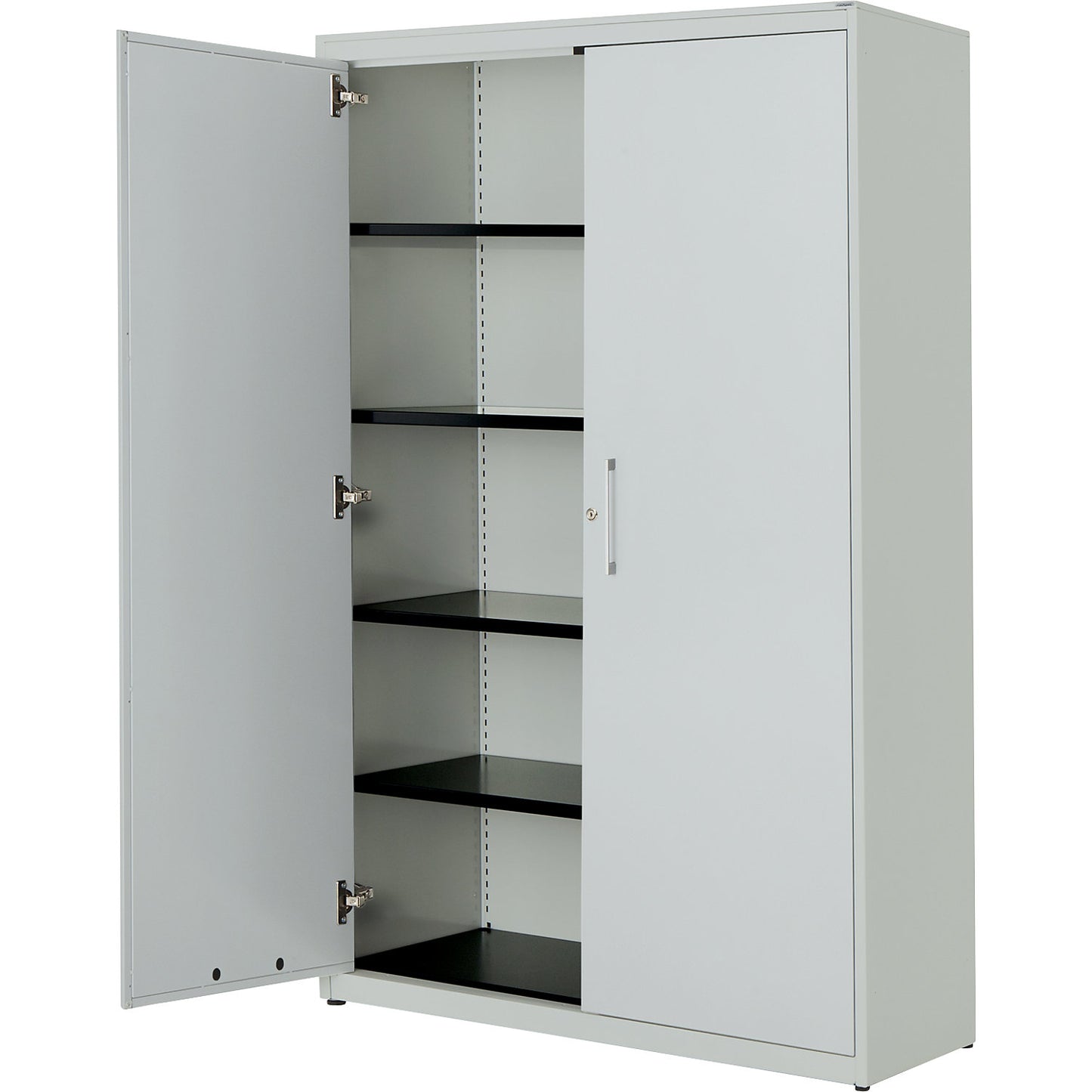 Double door cupboard, HxW 1956 x 1200 mm, steel cover plate, 4 shelves, light grey / light grey / light grey.