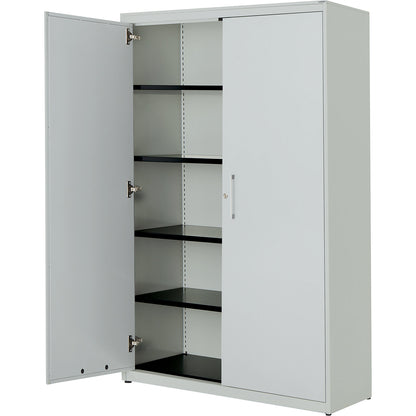 Double door cupboard, HxW 1956 x 1200 mm, steel cover plate, 4 shelves, light grey / light grey / light grey.
