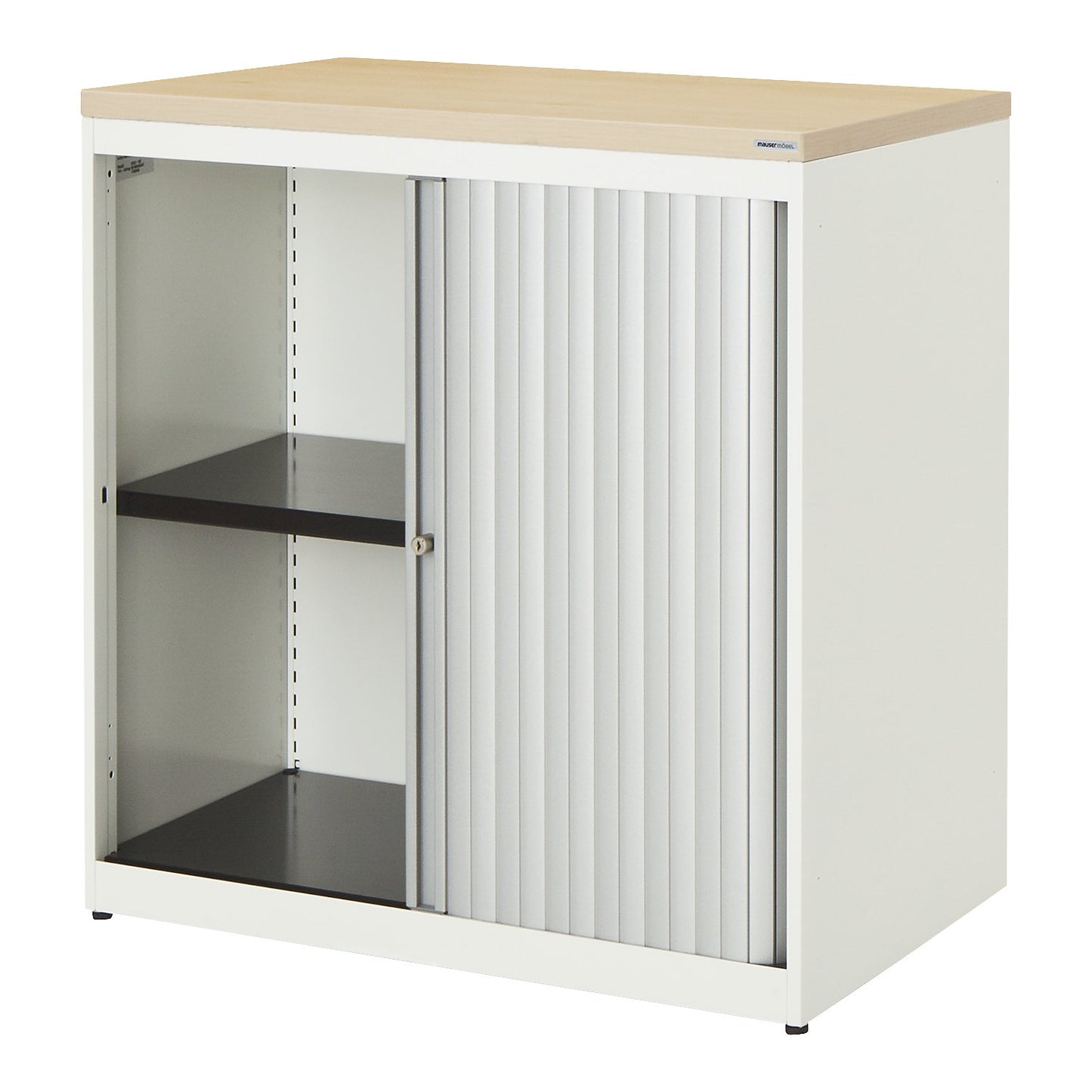 Horizontal roller shutter cupboard, HxWxD 830 x 800 x 432 mm, plastic panel, 1 shelf, pure white / aluminium colour / maple.