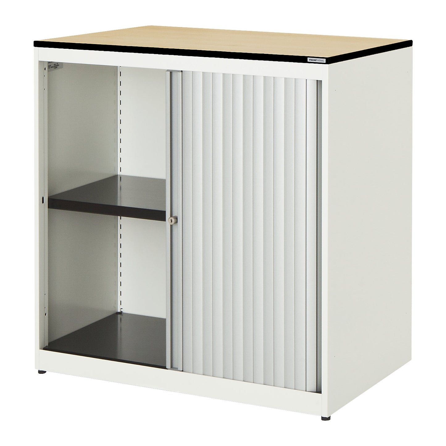 Horizontal roller shutter cupboard, HxWxD 818 x 800 x 432 mm, solid core panel, 1 shelf, pure white / aluminium colour / maple.
