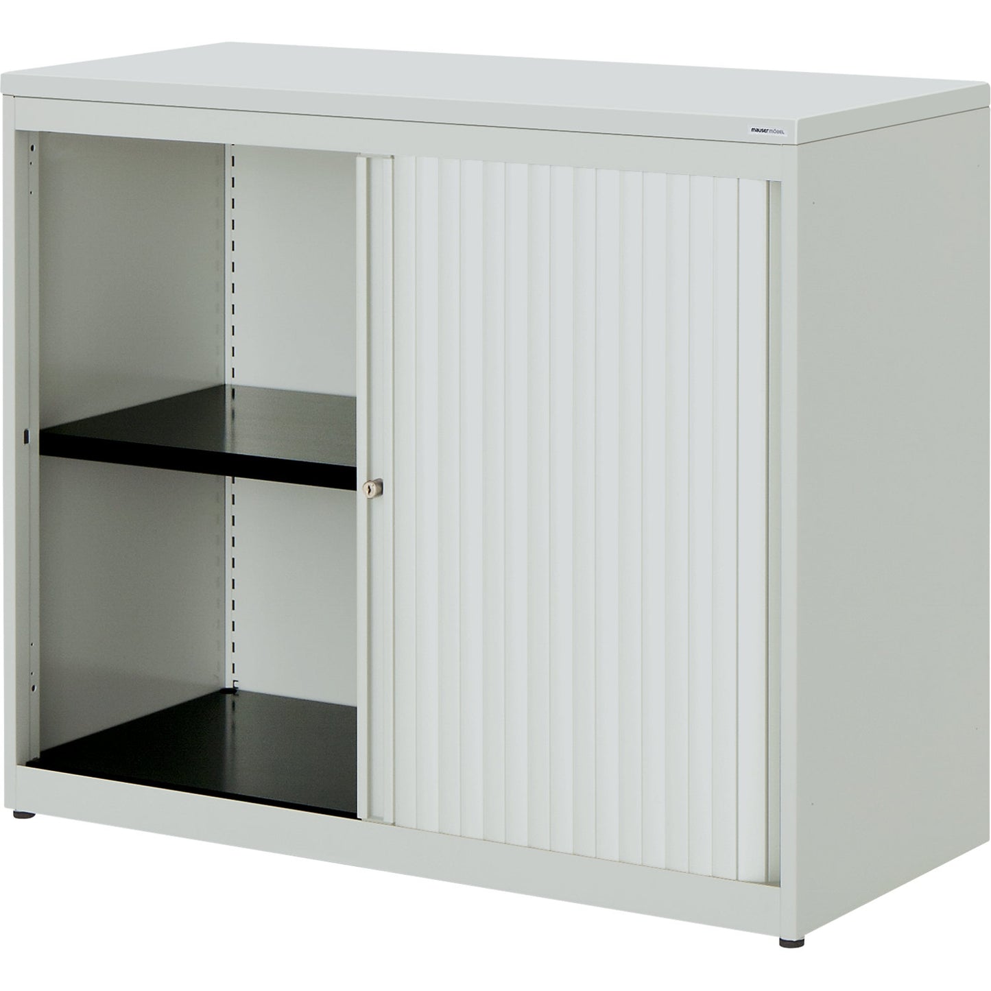 Horizontal roller shutter cupboard, HxWxD 830 x 1000 x 432 mm, plastic panel, 1 shelf, light grey / light grey / light grey.