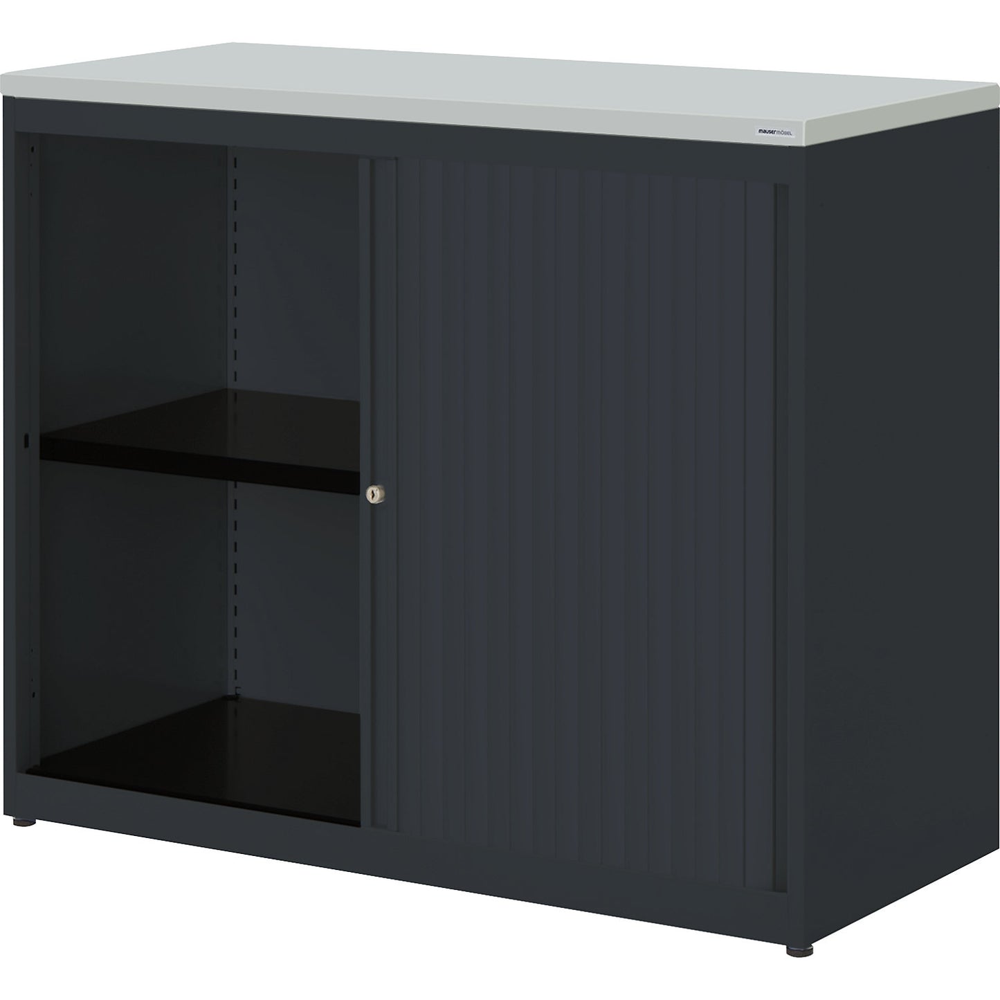 Horizontal roller shutter cupboard, HxWxD 830 x 1000 x 432 mm, plastic panel, 1 shelf, charcoal / charcoal / light grey.