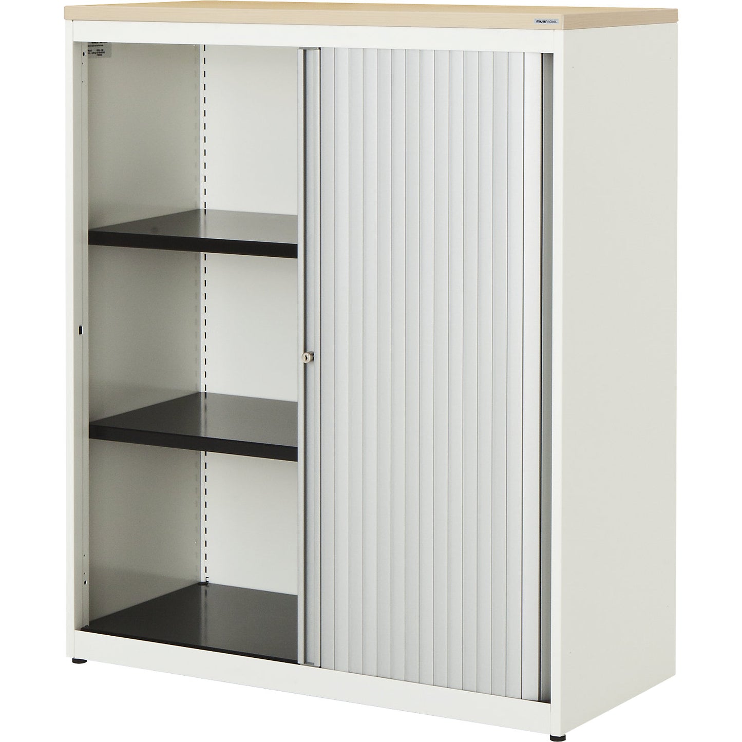 Horizontal roller shutter cupboard, HxWxD 1180 x 1000 x 432 mm, plastic panel, 2 shelves, pure white / aluminium colour / maple.