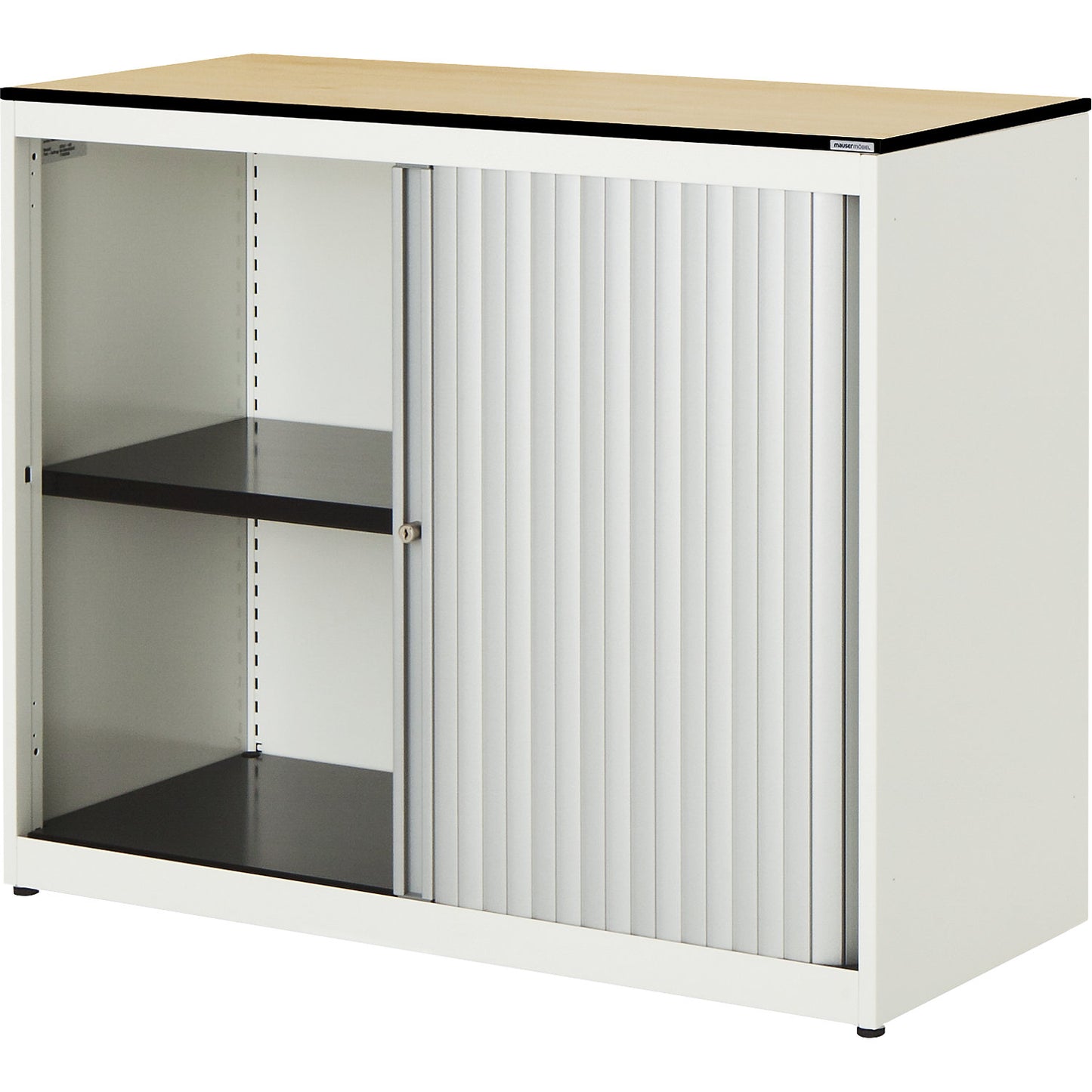 Horizontal roller shutter cupboard, HxWxD 818 x 1000 x 432 mm, solid core panel, 1 shelf, pure white / aluminium colour / maple.