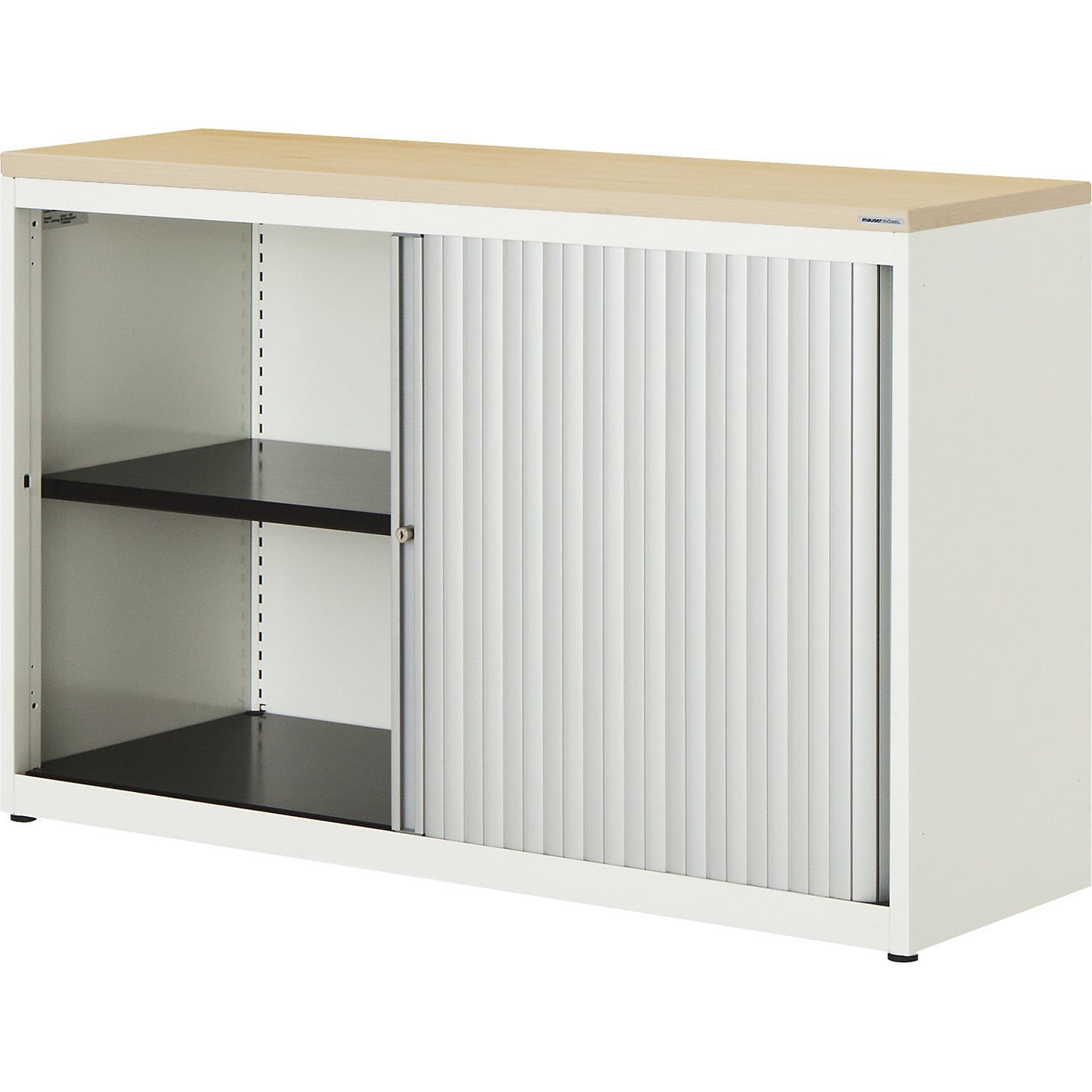 Horizontal roller shutter cupboard, HxWxD 830 x 1200 x 432 mm, plastic panel, 1 shelf, pure white / aluminium colour / maple.
