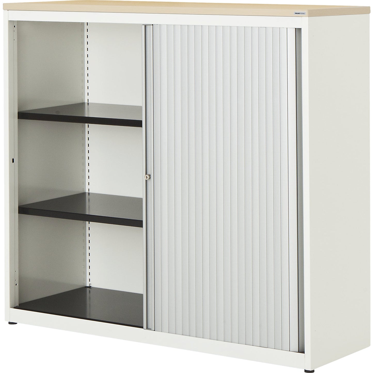 Horizontal roller shutter cupboard, HxWxD 1180 x 1200 x 432 mm, plastic panel, 2 shelves, pure white / aluminium colour / maple.