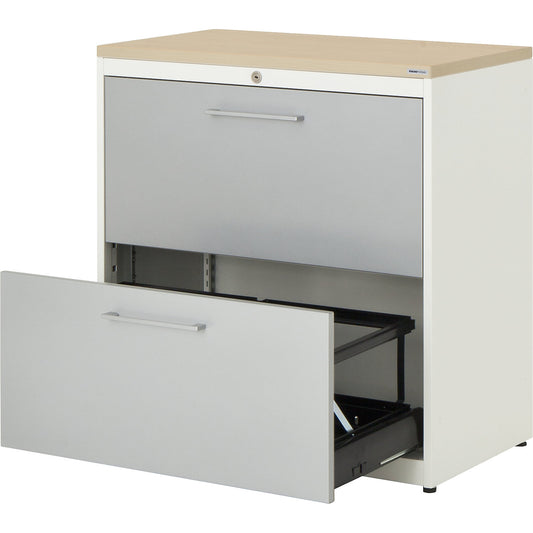 Suspension filing cabinet, plastic panel, 2 drawers, 2 tracks, with dampers, pure white / white aluminium / maple.