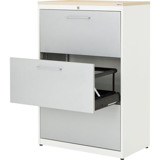 Suspension filing cabinet, plastic panel, 3 drawers, 2 tracks, with dampers, pure white / white aluminium / maple.