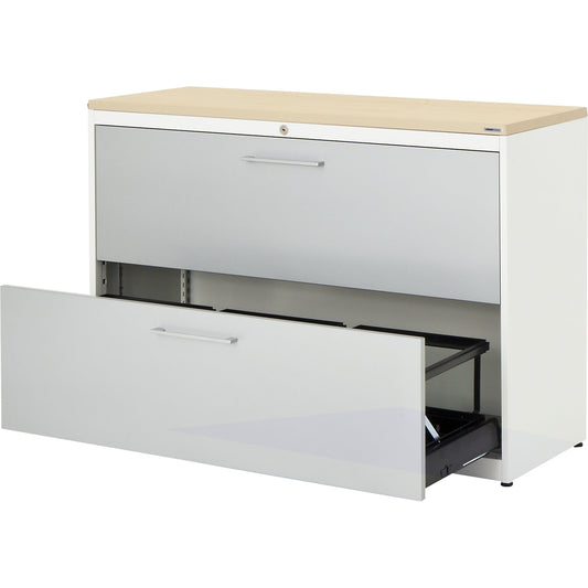 Suspension filing cabinet, plastic panel, 2 drawers, 3 tracks, with dampers, pure white / white aluminium / maple.