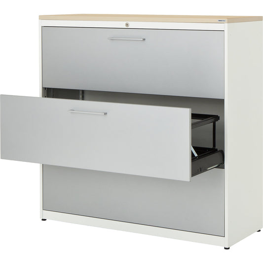 Suspension filing cabinet, plastic panel, 3 drawers, 3 tracks, with dampers, pure white / white aluminium / maple.
