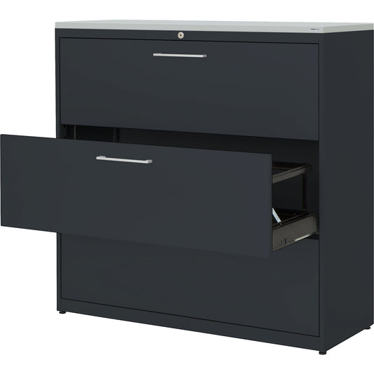 Suspension filing cabinet, plastic panel, 3 drawers, 3 tracks, with dampers, charcoal / charcoal / light grey.