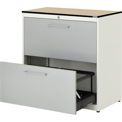 Suspension filing cabinet, HPL solid core panel, 2 drawers, 2 tracks, with dampers, pure white / white aluminium / maple.