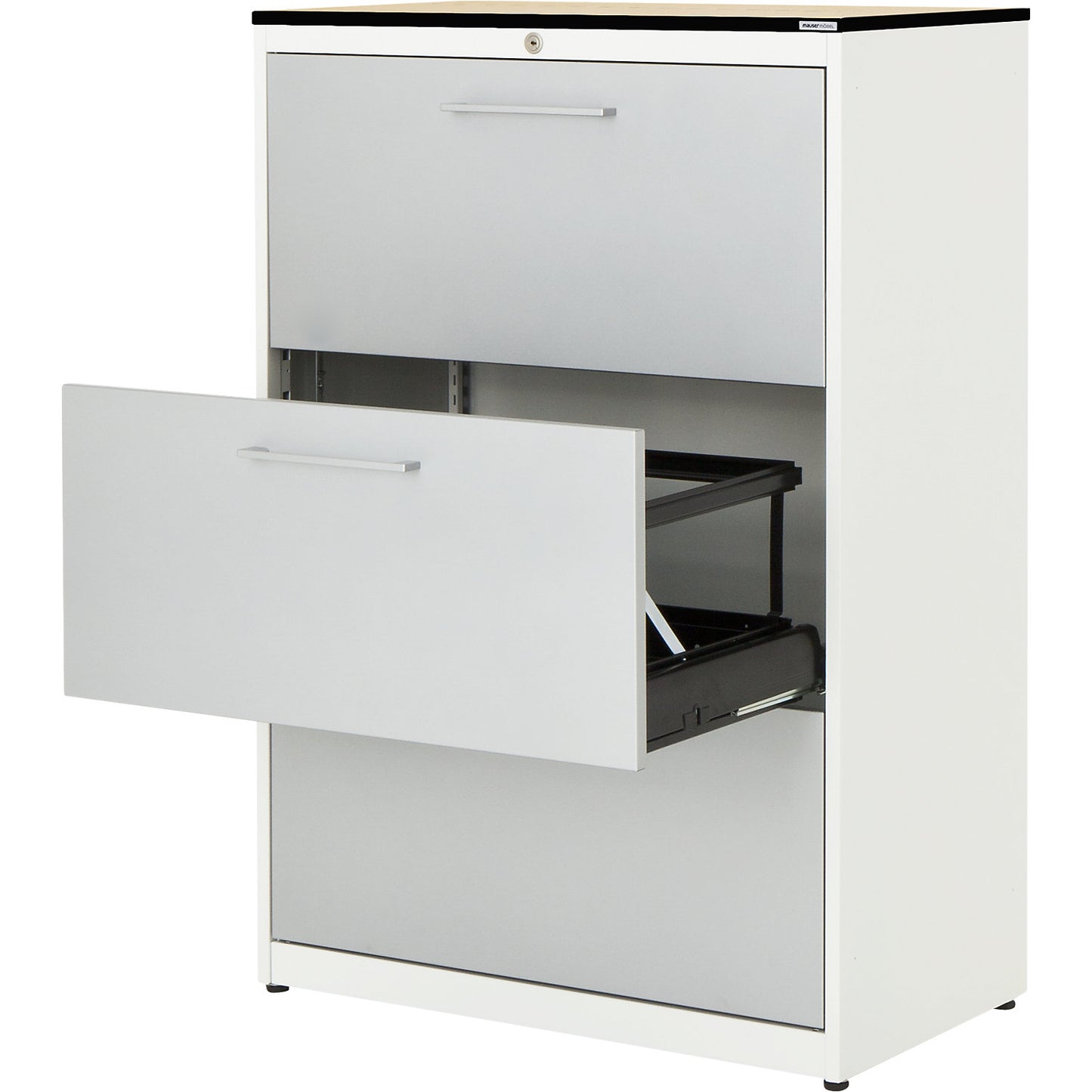 Suspension filing cabinet, HPL solid core panel, 3 drawers, 2 tracks, with dampers, pure white / white aluminium / maple.
