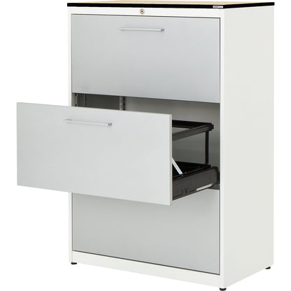 Suspension filing cabinet, HPL solid core panel, 3 drawers, 2 tracks, with dampers, pure white / white aluminium / maple.