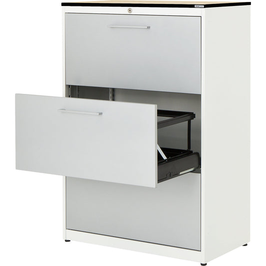Suspension filing cabinet, HPL solid core panel, 3 drawers, 2 tracks, with dampers, pure white / white aluminium / maple.