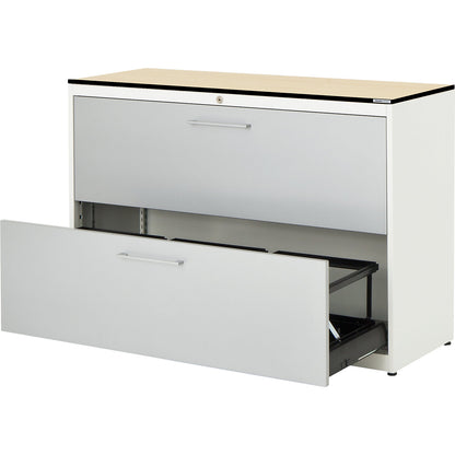 Suspension filing cabinet, HPL solid core panel, 2 drawers, 3 tracks, with dampers, pure white / white aluminium / maple.