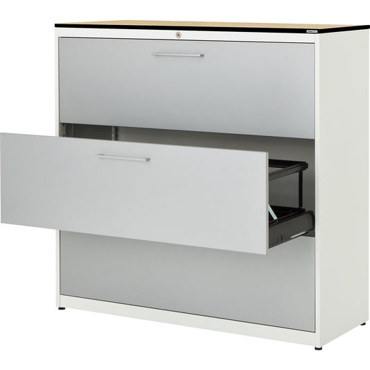 Suspension filing cabinet, HPL solid core panel, 3 drawers, 3 tracks, with dampers, pure white / white aluminium / maple.