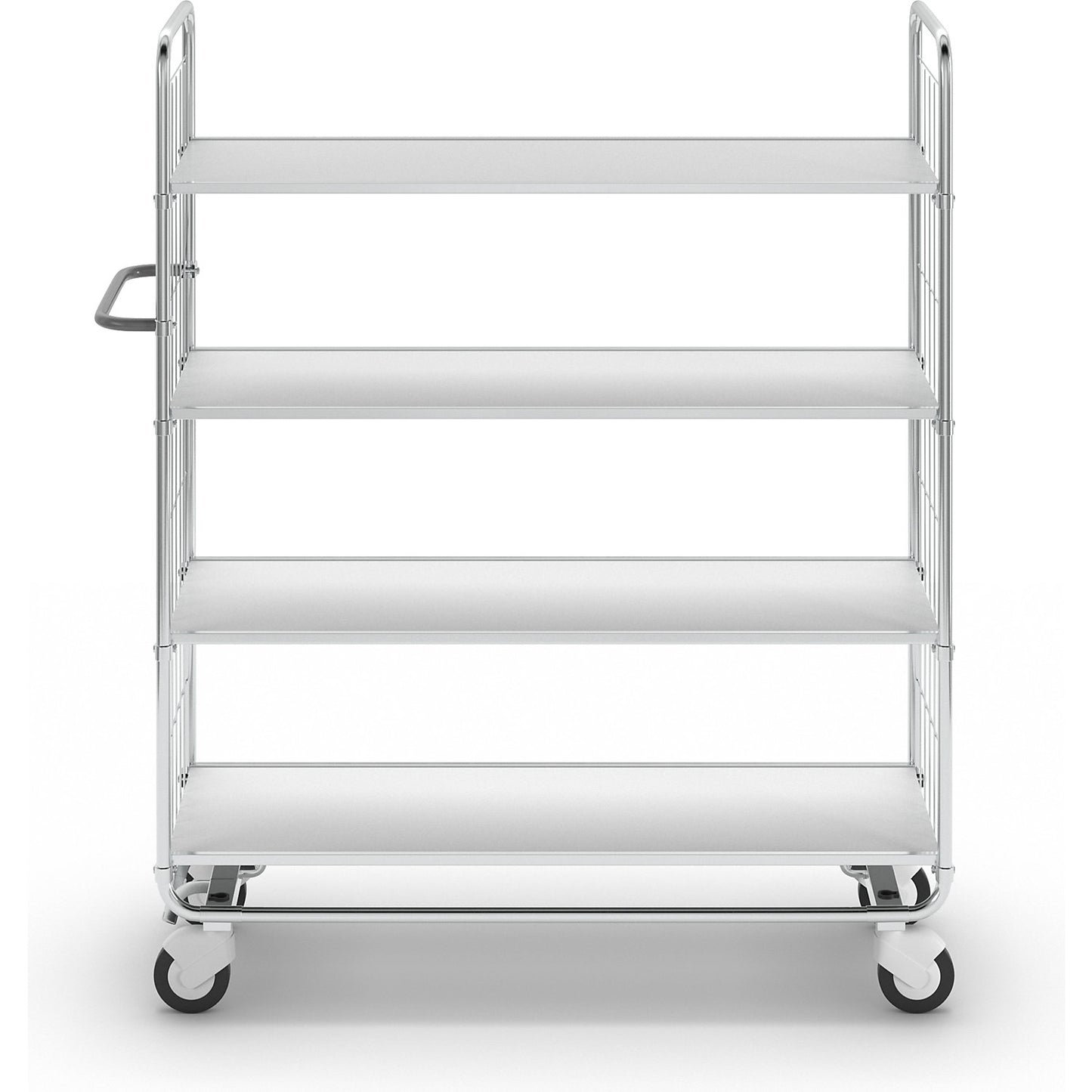 Zinc plated shelf truck, 4 shelves, LxWxH 1395 x 470 x 1590 mm, 4 castors, 2 with wheel stops.