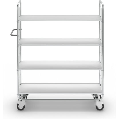 Zinc plated shelf truck, 4 shelves, LxWxH 1395 x 470 x 1590 mm, 4 castors, 2 with wheel stops.