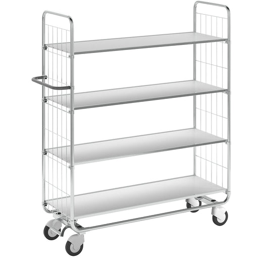 Zinc plated shelf truck, 4 shelves, LxWxH 1395 x 470 x 1590 mm, 4 castors, 2 with wheel stops.