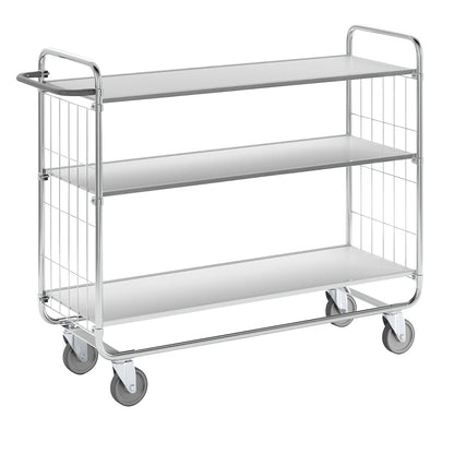 Zinc plated shelf truck, 3 shelves, LxWxH 1395 x 470 x 1120 mm, 4 castors.