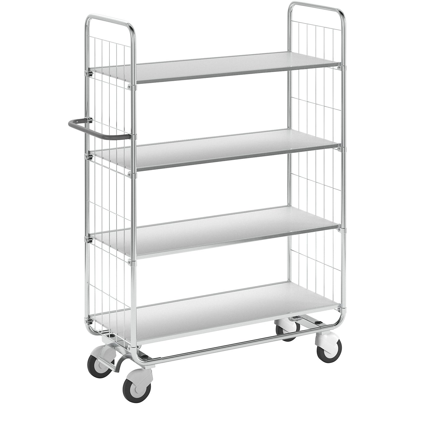 Zinc plated shelf truck, 4 shelves, LxWxH 1195 x 470 x 1590 mm, 4 castors.