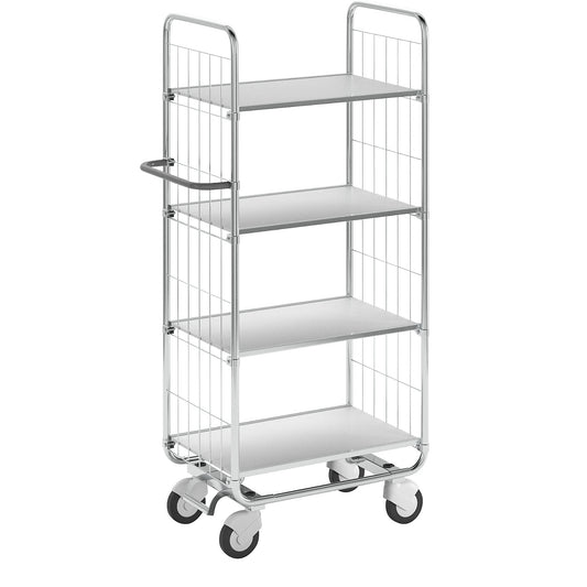 Zinc plated shelf truck, 4 shelves, LxWxH 815 x 470 x 1590 mm, 4 castors.