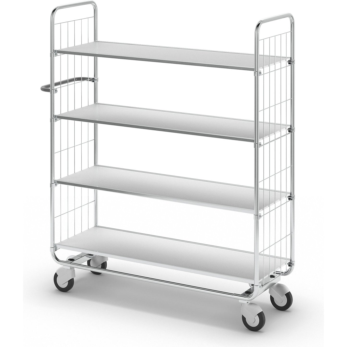 Zinc plated shelf truck, 4 shelves, LxWxH 1395 x 470 x 1590 mm, 4 castors.