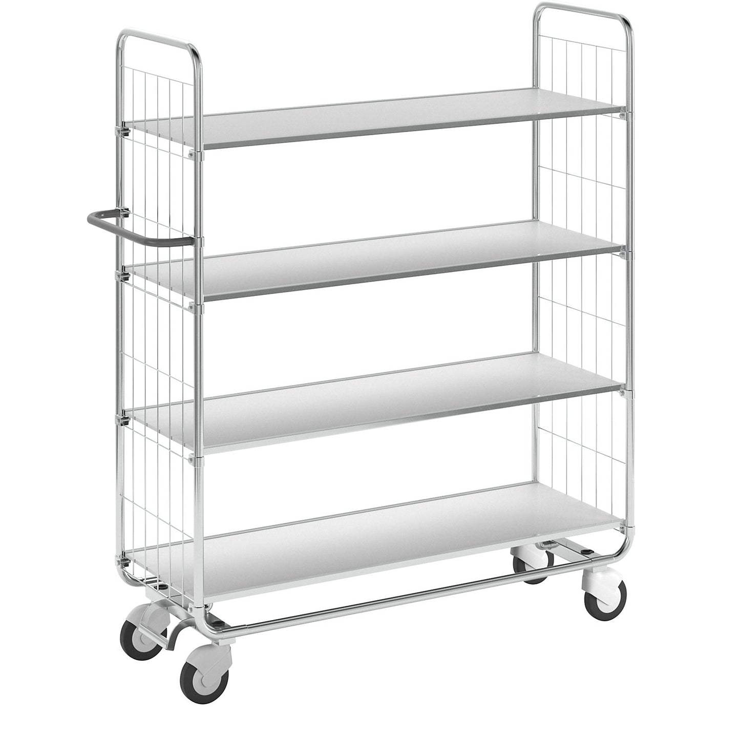 Zinc plated shelf truck, 4 shelves, LxWxH 1395 x 470 x 1590 mm, 4 castors.