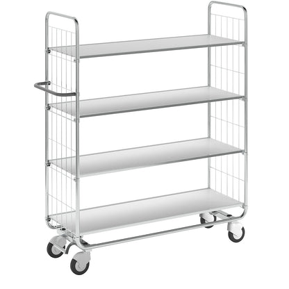 Zinc plated shelf truck, 4 shelves, LxWxH 1395 x 470 x 1590 mm, 4 castors.
