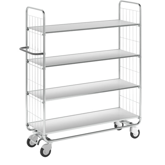 Zinc plated shelf truck, 4 shelves, LxWxH 1395 x 470 x 1590 mm, 4 castors.