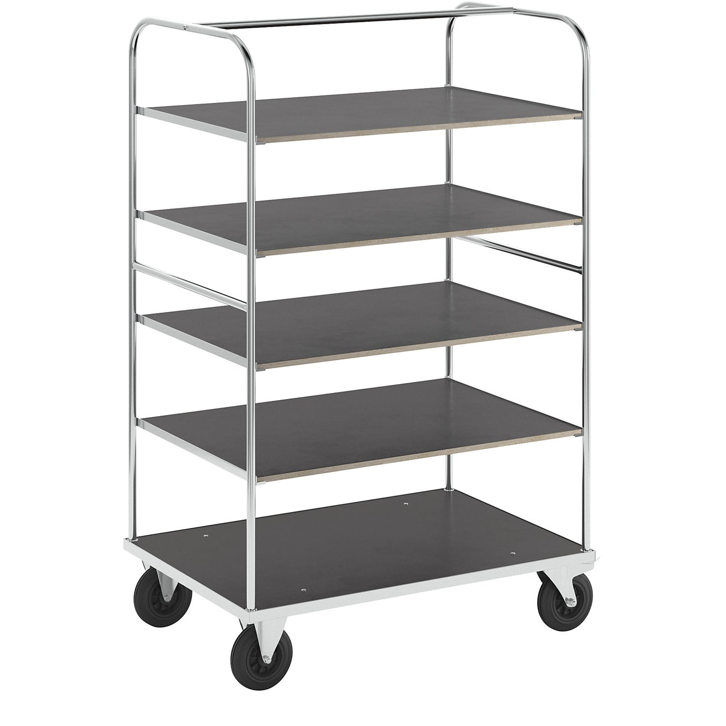 KM338 multi-shelf truck, LxWxH 1200 x 800 x 1800 mm, zinc plated, 2 swivel castors with stops, 2 fixed castors.