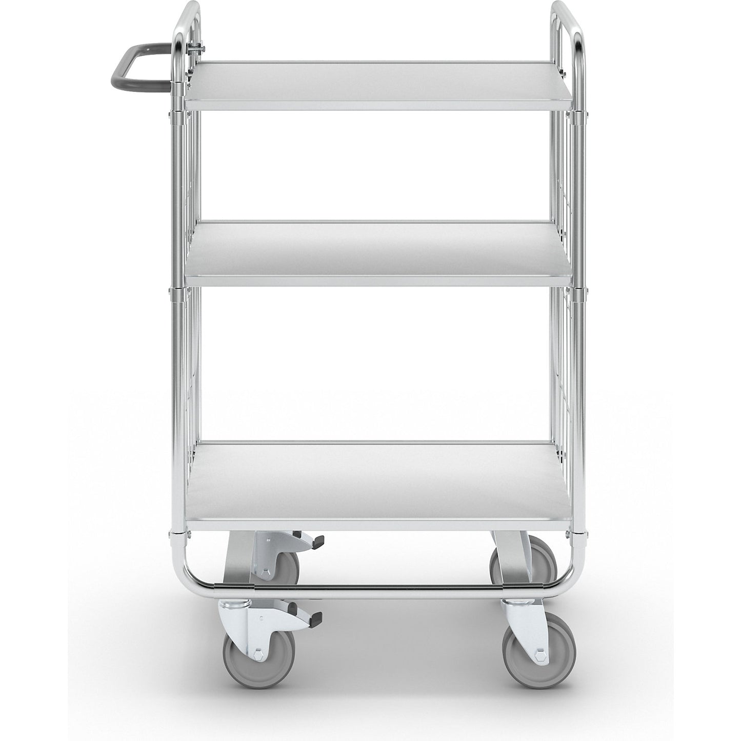 Zinc plated shelf truck, 3 shelves, LxWxH 815 x 470 x 1120 mm, 4 castors, 2 with wheel stops.