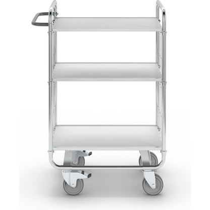 Zinc plated shelf truck, 3 shelves, LxWxH 815 x 470 x 1120 mm, 4 castors, 2 with wheel stops.