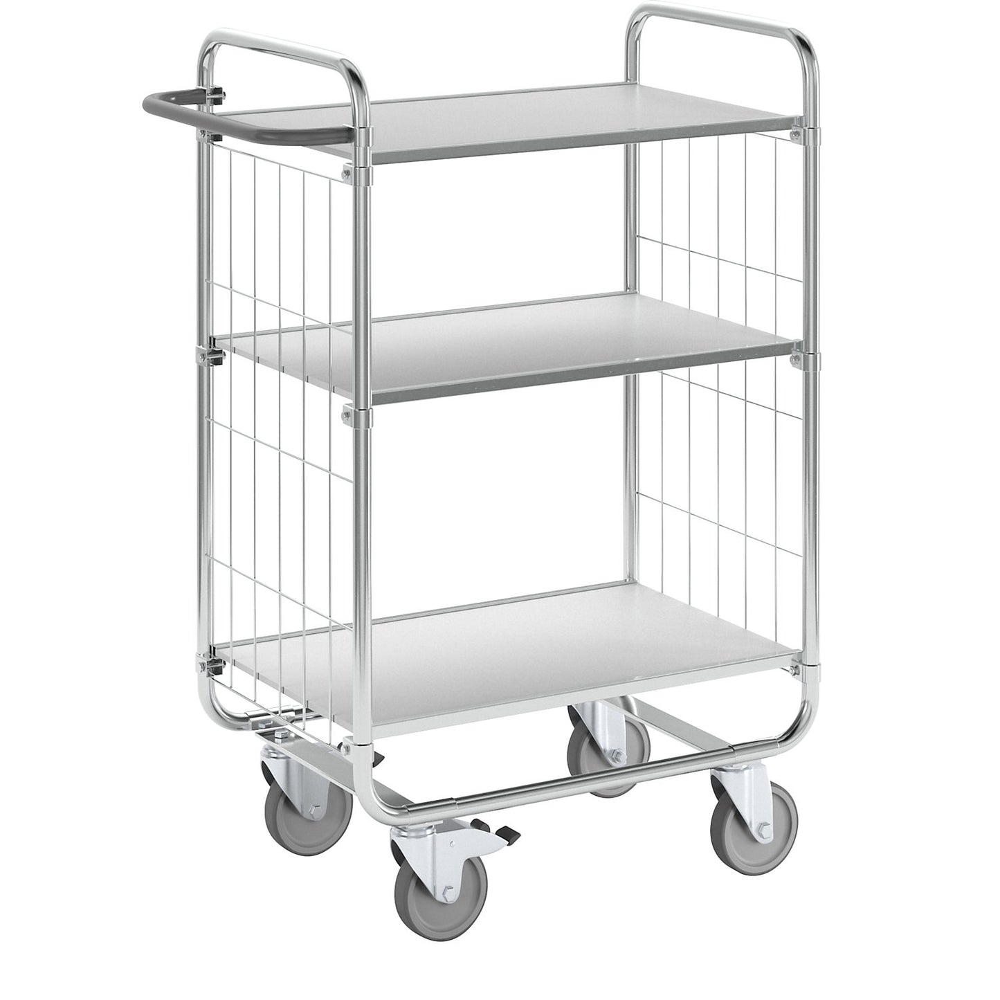 Zinc plated shelf truck, 3 shelves, LxWxH 815 x 470 x 1120 mm, 4 castors, 2 with wheel stops.