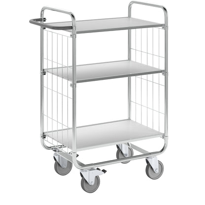 Zinc plated shelf truck, 3 shelves, LxWxH 815 x 470 x 1120 mm, 4 castors, 2 with wheel stops.
